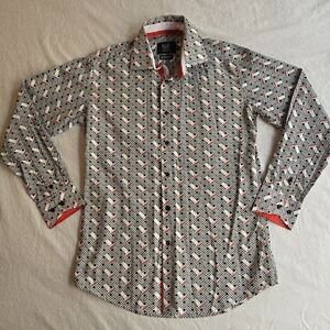 Elie Balleh Boys Modern Fit Button Down White Black Geometric Pattern Italian